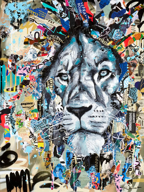 A lion with many different colored shapes and colors