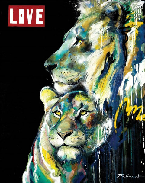A painting of a lion with a black background