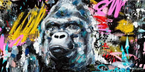 A gorilla with colorful paint splats on it