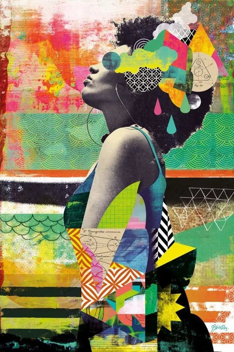A painting of a woman with a colorful headband and a colorful background
