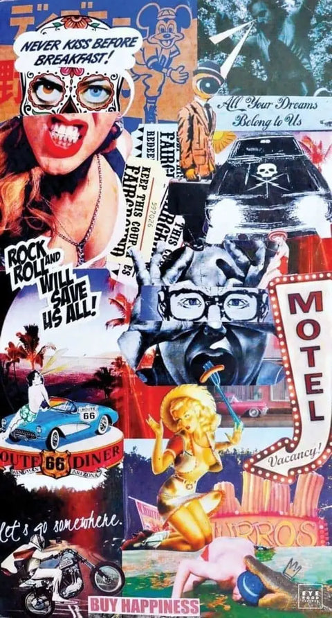 Colorful collage featuring various pop culture images, text snippets, and graphic elements in a chaotic, overlapping arrangement.