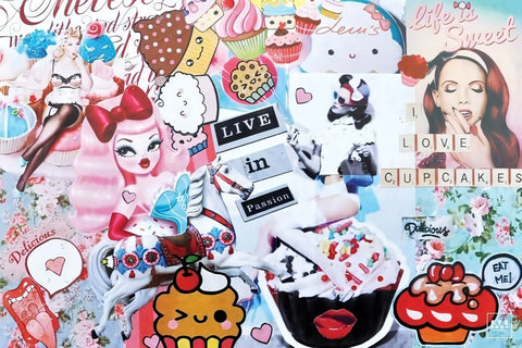 Colorful collage featuring various pop culture images, cartoon characters, and text snippets in a busy, eclectic composition.