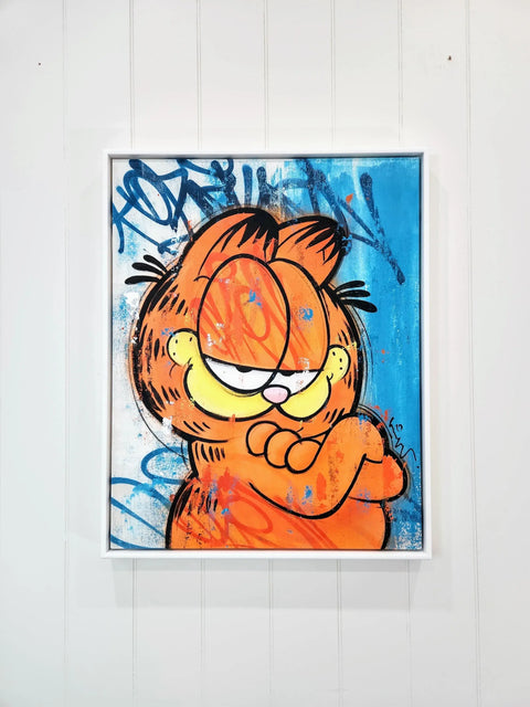 A painting of garfield the cat on a wall