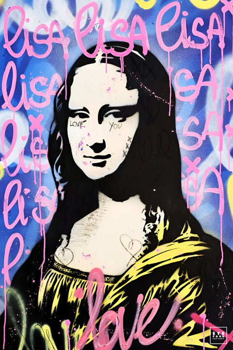 Graffiti-style artwork featuring a famous Renaissance portrait overlaid with colorful spray-painted text and designs.