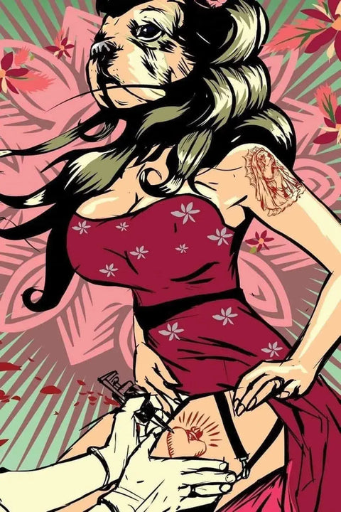 A woman in a red dress with tattoos on her arm