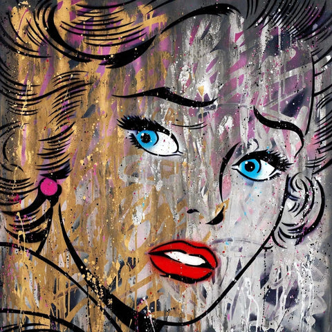 Stylized portrait of a woman with vibrant blue eyes and red lips against a textured, abstract background.