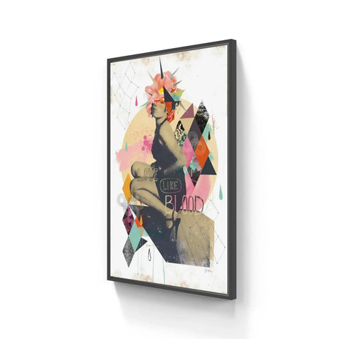 A framed print of a woman with a flower in her hair