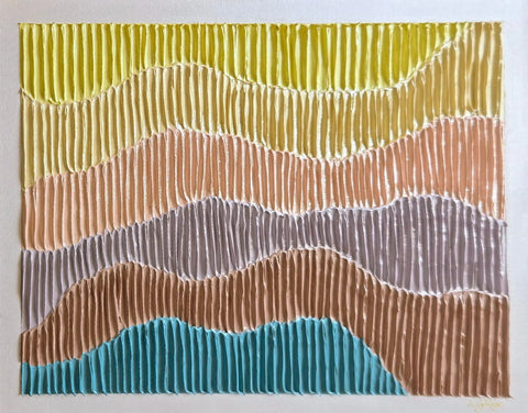 Abstract artwork featuring wavy horizontal bands of different colors with a textured, corrugated appearance.