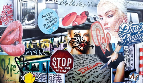 Colorful street art mural featuring a collage of pop culture imagery and text.