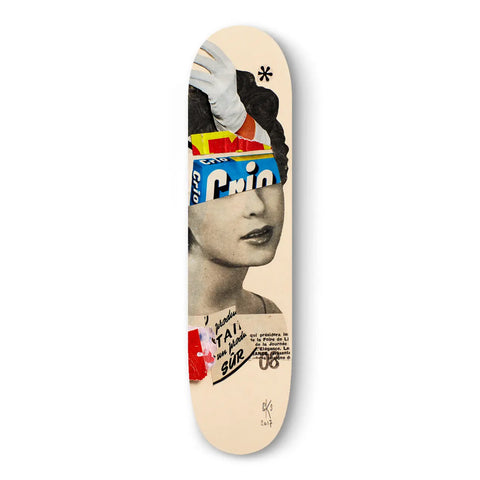 Skateboard deck featuring vintage-style collage artwork with text elements and a portrait in black and white.