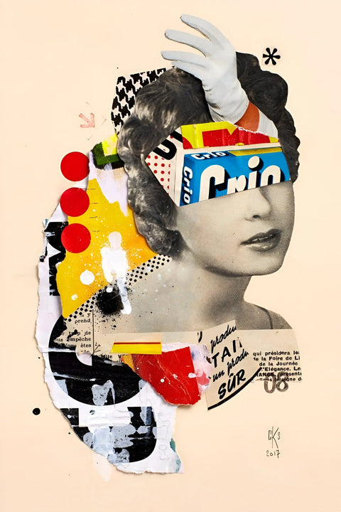 Surrealist collage portrait combining vintage photography with colorful abstract elements and text.