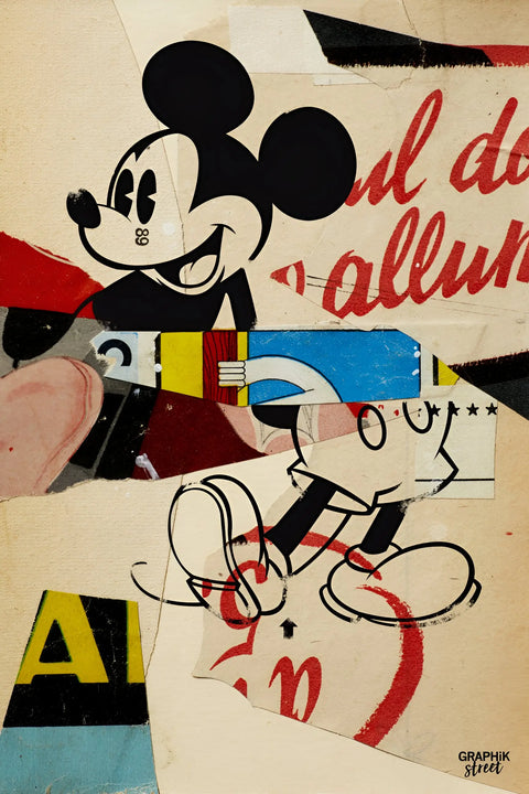 Stylized cartoon depiction of Mickey Mouse in a mixed-media collage style.