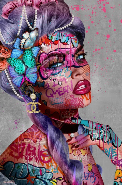 A woman with tattoos and butterflies on her face