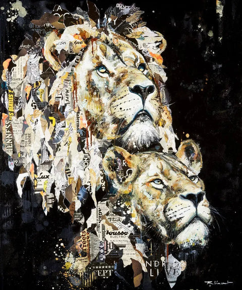 A painting of a lion with many different types of animals