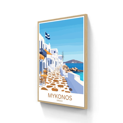 Framed Mykonos travel poster.