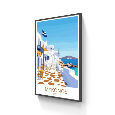 Framed Mykonos travel poster.