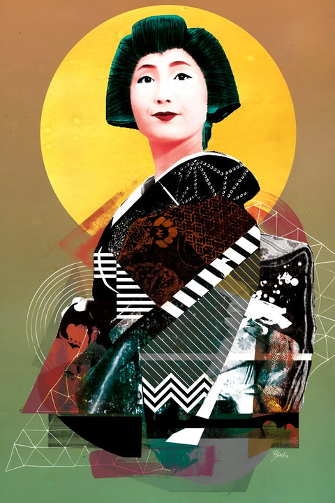 Stylized portrait of a geisha with a vibrant, abstract kimono design against a yellow circular backdrop.