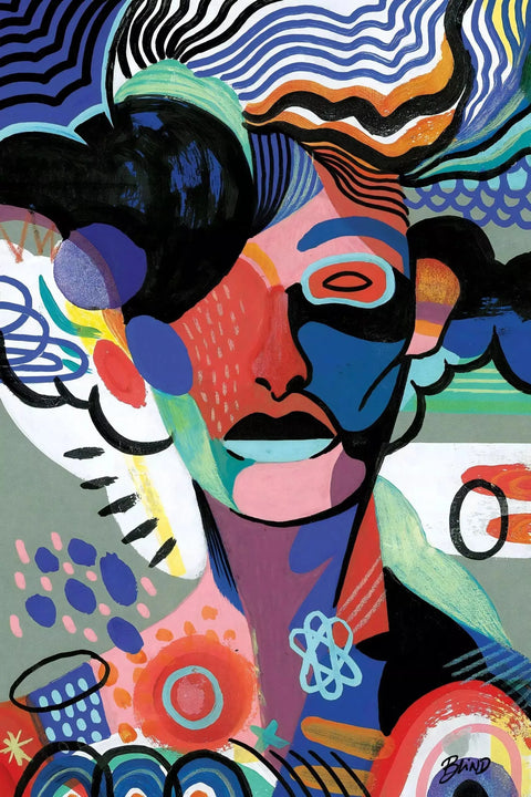 Colorful abstract portrait with geometric patterns and vibrant shapes.