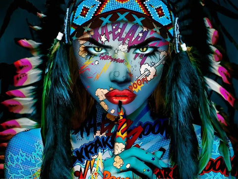 A woman with colorful makeup and feathers