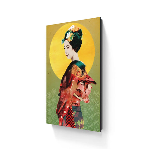 Canvas print depicting a stylized geisha figure in profile against a vibrant yellow and green background.