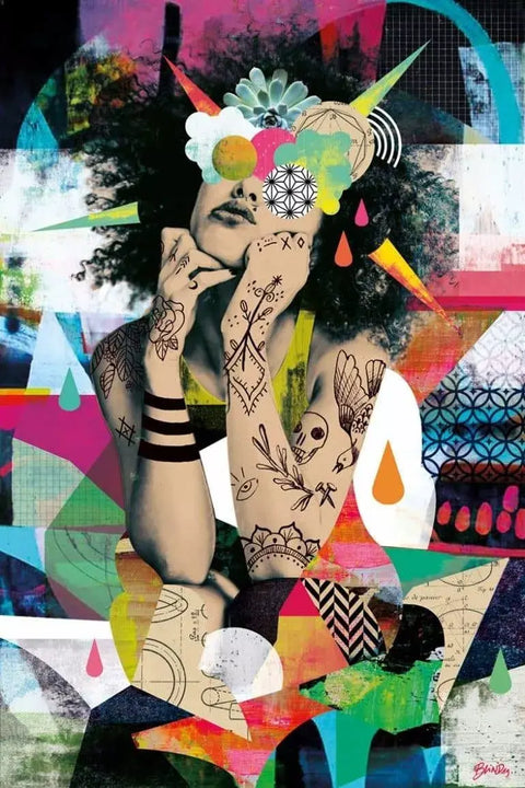 A woman with tattoos and a flower on her head