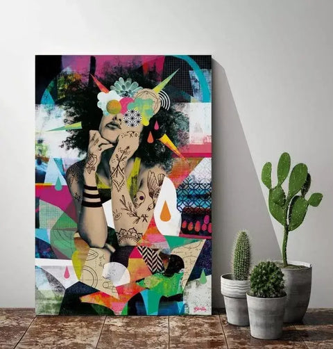 A painting on a wall next to a pot