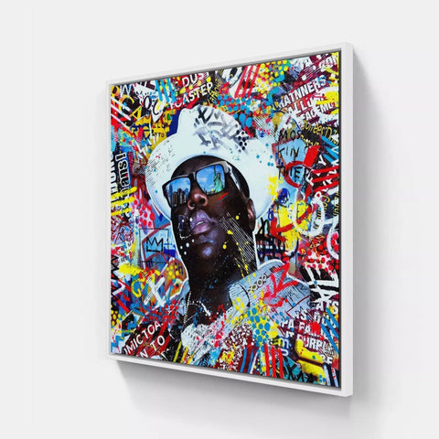 A painting of a black woman with a white hat and sunglasses