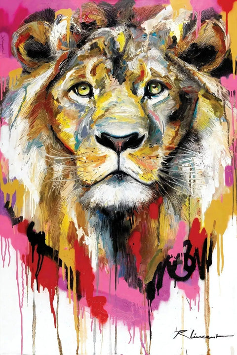 Colorful, abstract-style painting of a lion’s face with piercing yellow eyes.