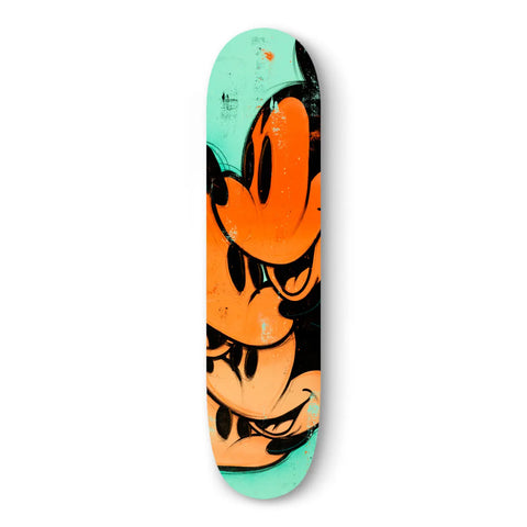 Skateboard deck featuring a stylized orange cartoon character design on a mint green background.