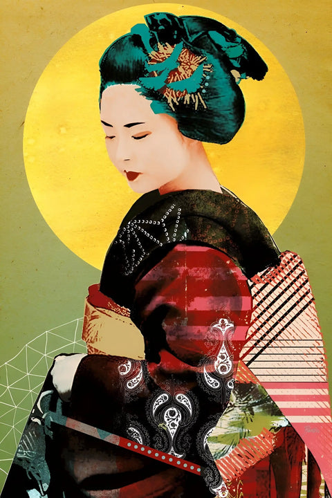 Stylized portrait of a geisha with an elaborate hairstyle and kimono against a yellow circular backdrop.