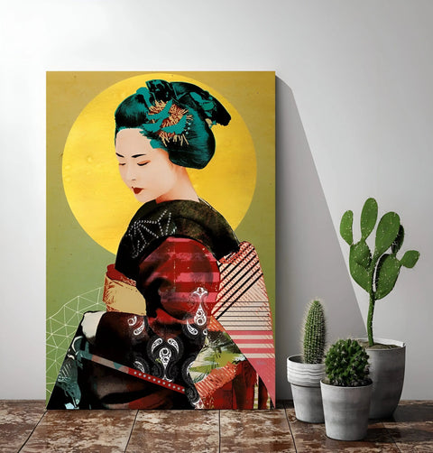 Colorful modern art portrait of a geisha with a yellow circular background.