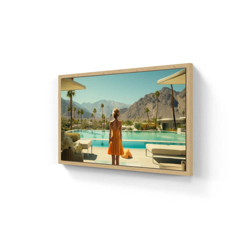Framed poolside scene.