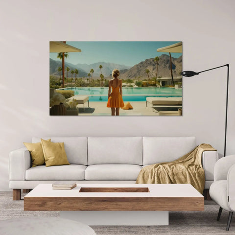 Living room with poolside artwork.