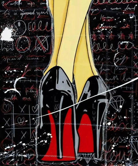 A painting of a woman’s legs and shoes