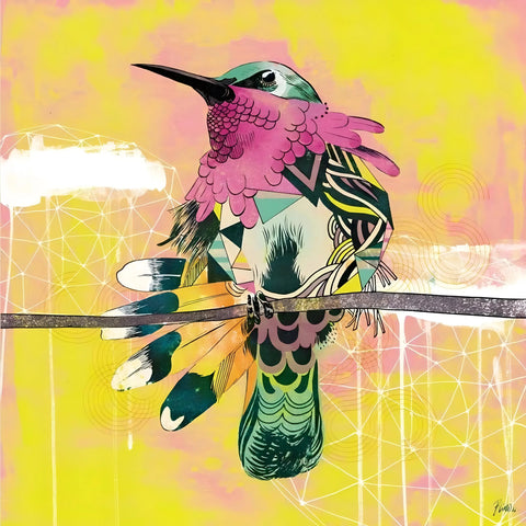 Colorful, stylized hummingbird with patterned feathers perched on a branch.