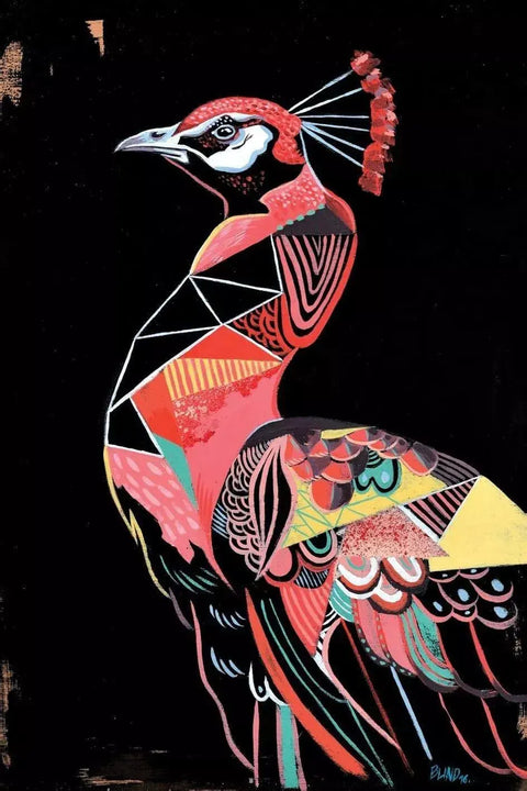 A painting of a bird with a bird on it’s back
