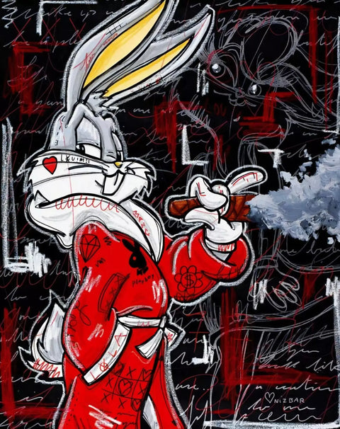 A painting of a rabbit smoking a cigarette