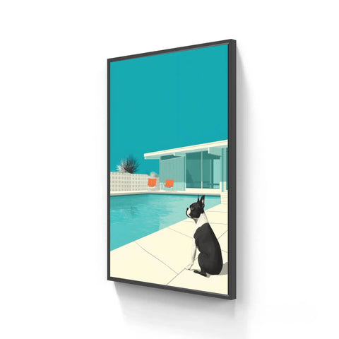 Framed poolside dog art.