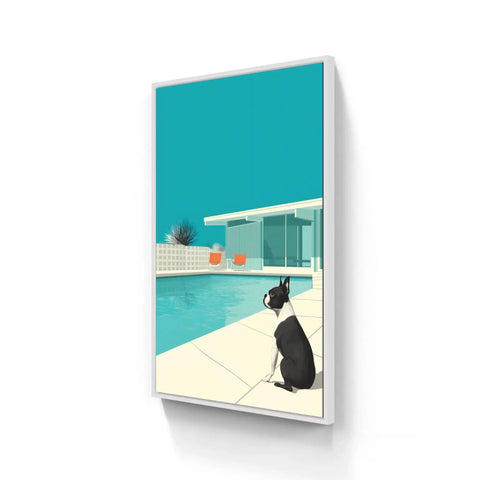 Framed poolside dog art.