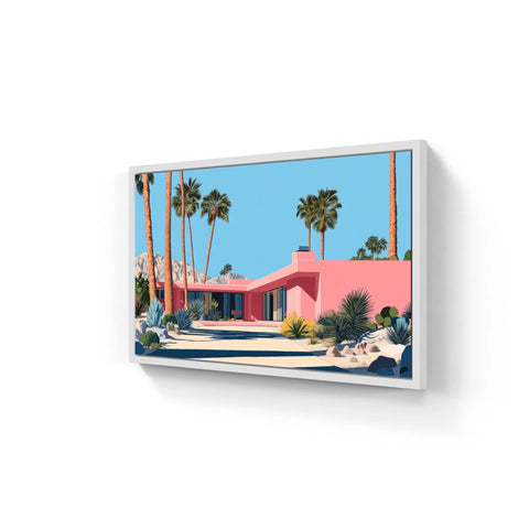 Framed pink mid-century modern house.