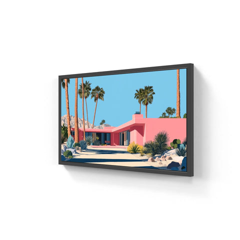 Framed pink mid-century modern house.