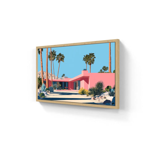 Framed pink house art.