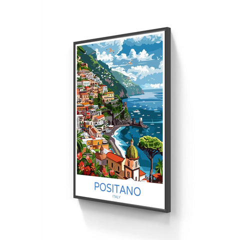 Framed Positano Italy travel poster.
