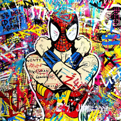 Spider - man with arms crossed on graffiti covered wall