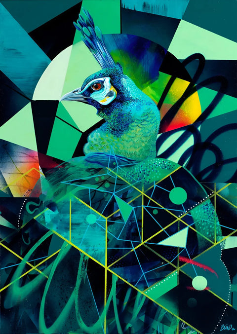 A painting of a bird with geometric shapes