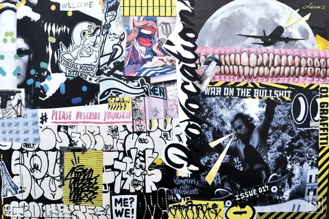 Collage of graffiti, street art, and pop culture imagery with text and graphic elements.