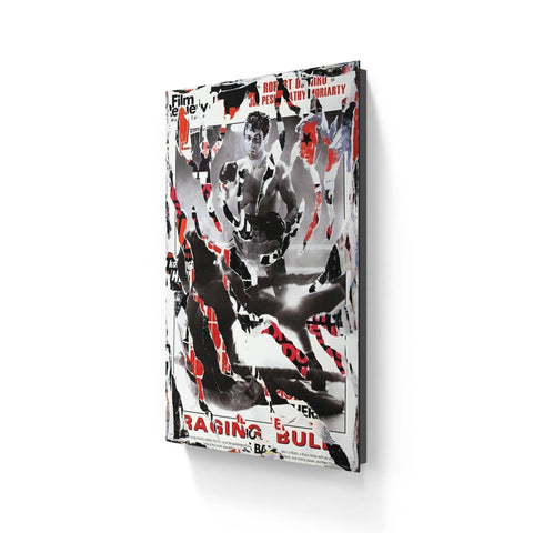 Canvas print featuring an abstract, graffiti-style artwork of a raging bull in black, white, and red.