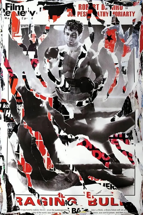 Torn and collaged poster for the film ’Raging Bull’ featuring a shirtless boxer in a fighting stance.