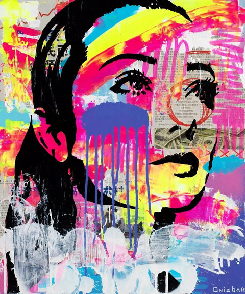 A painting of a woman’s face with a rainbow colored background