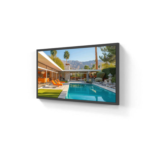 Framed poolside house photograph.